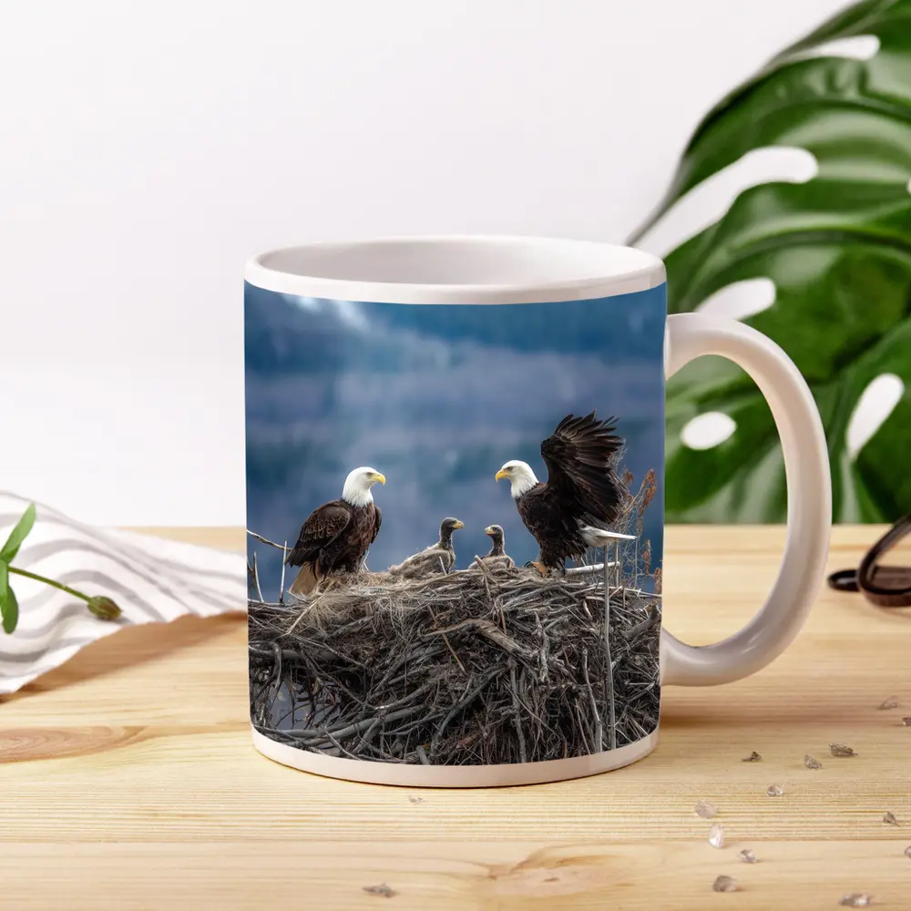 Bald Eagles Nesting With Mountain Background – Mugs