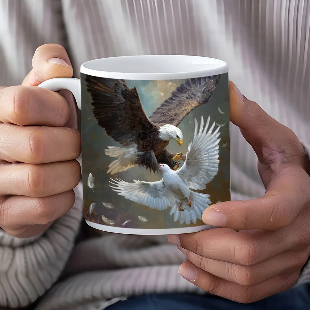 Bald Eagle and White Dove Flying Together – Mugs