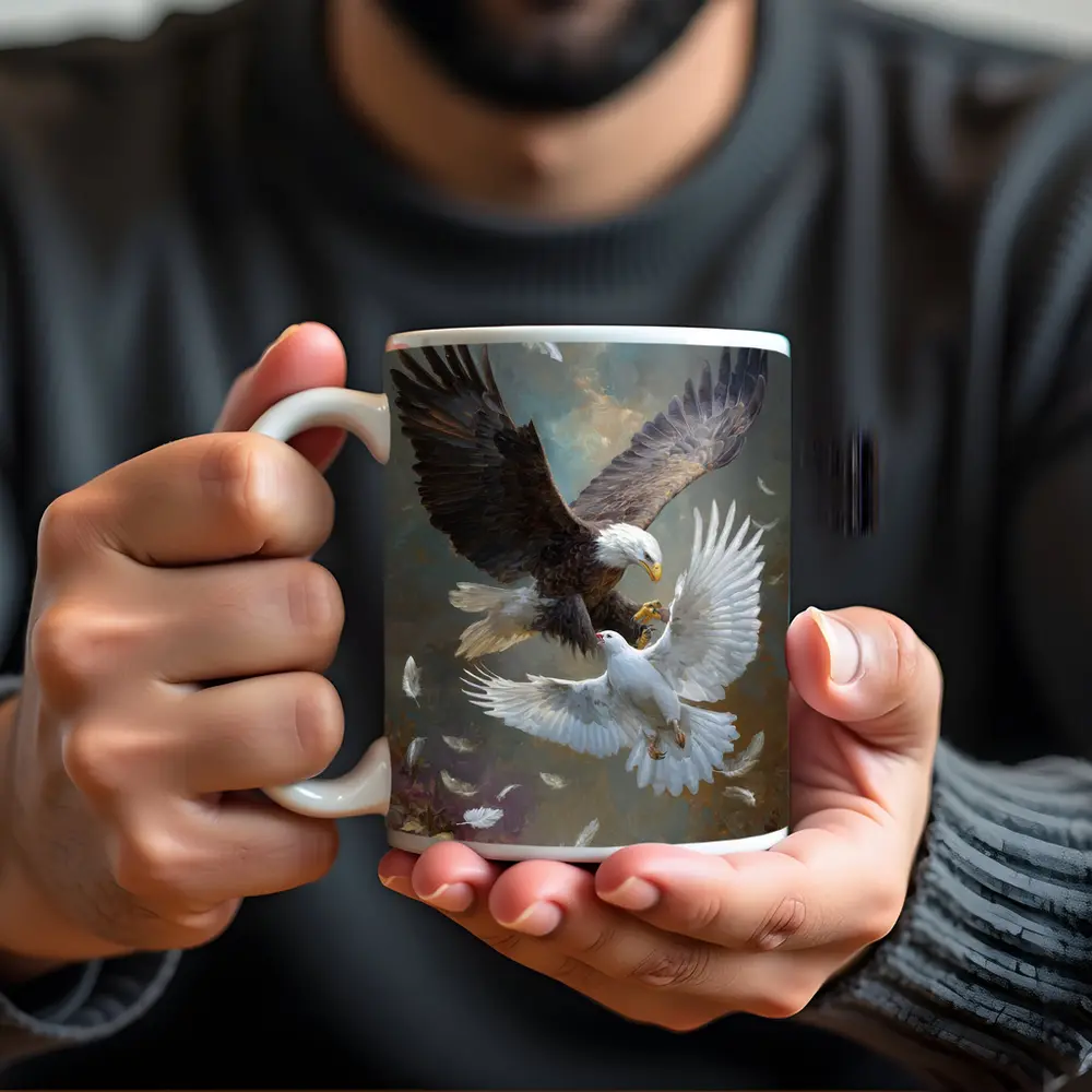 Bald Eagle and White Dove Flying Together – Mugs