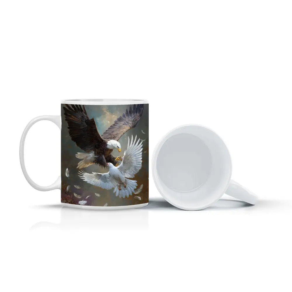 Bald Eagle and White Dove Flying Together – Mugs