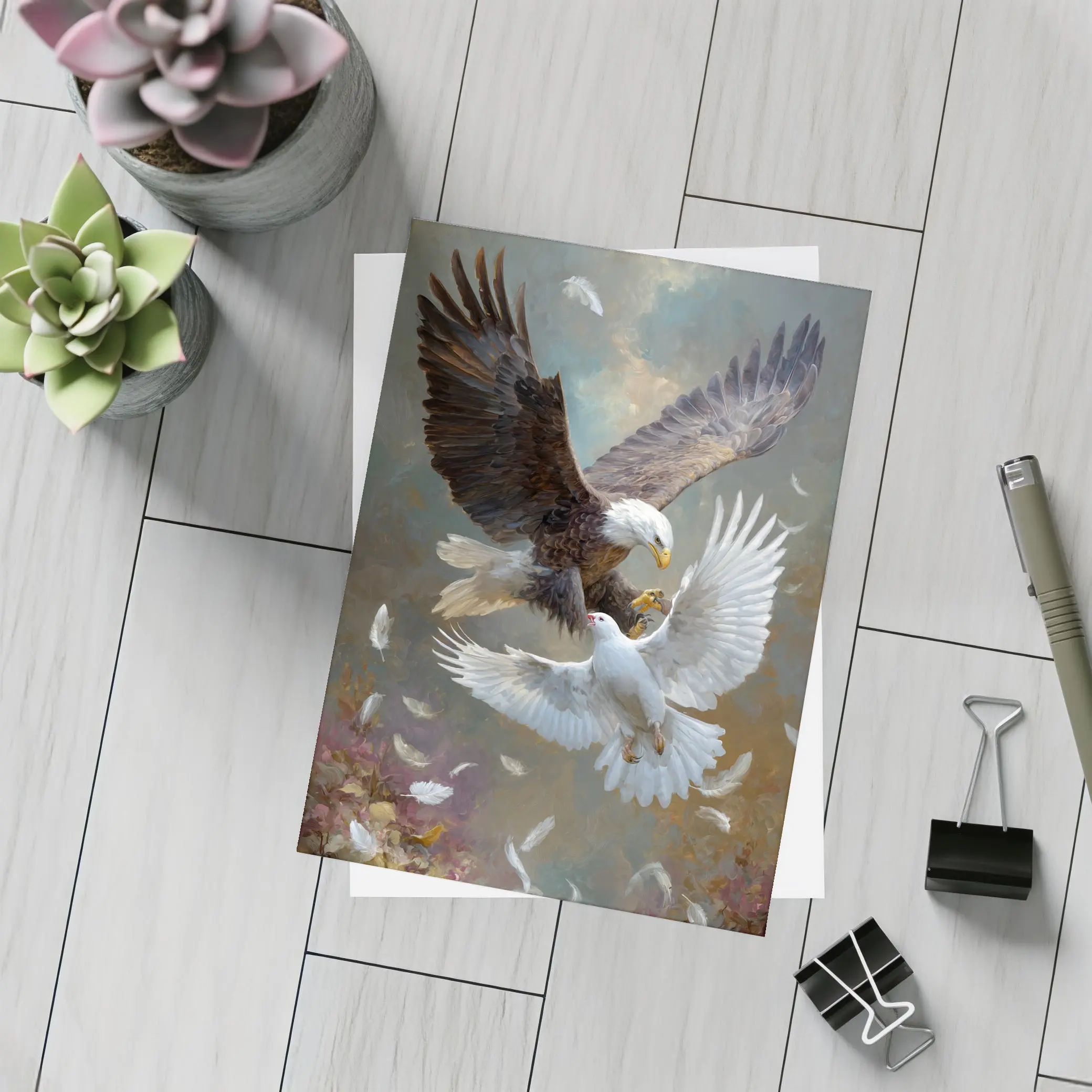 Bald Eagle and White Dove Flying Together – Postcards