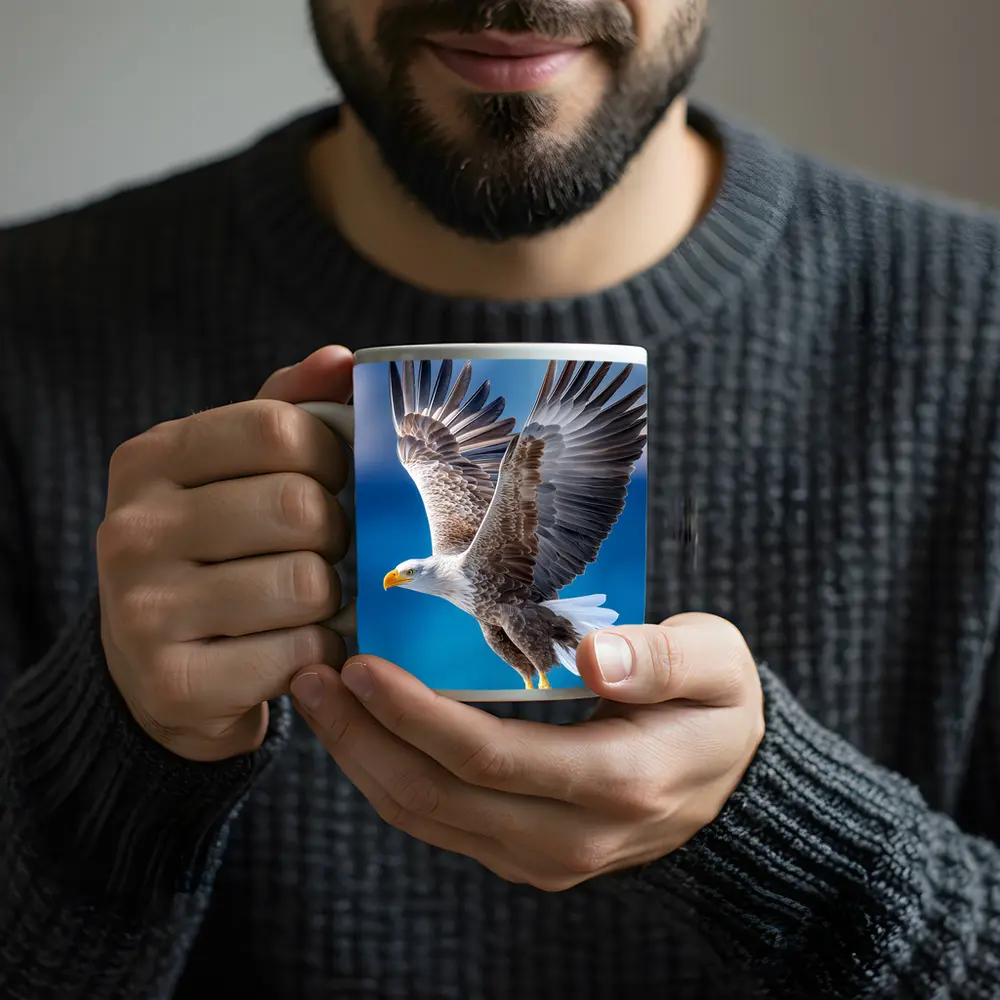 Bald Eagle Flying Over Blue Sky – Mugs