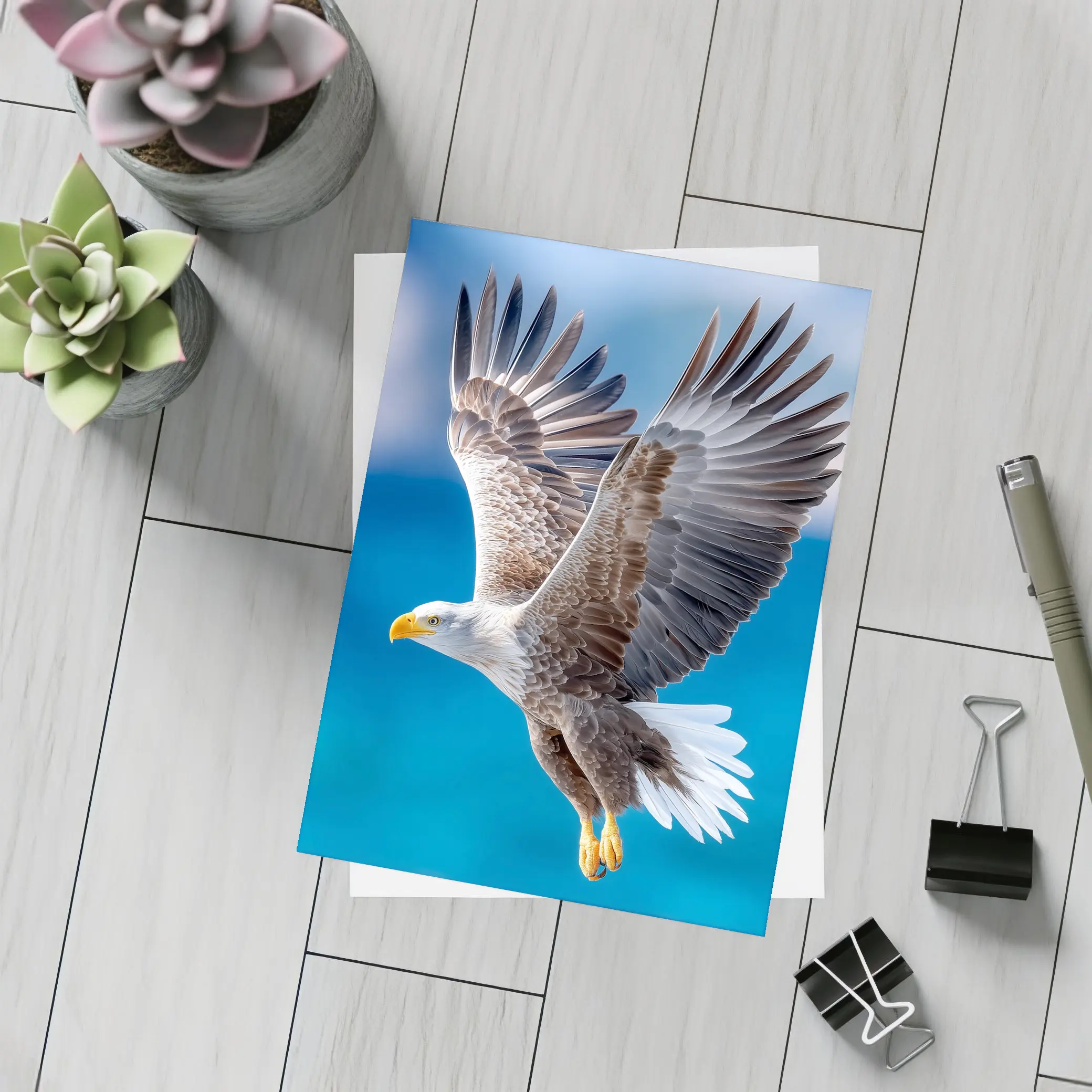 Bald Eagle Flying Over Blue Sky – Postcards