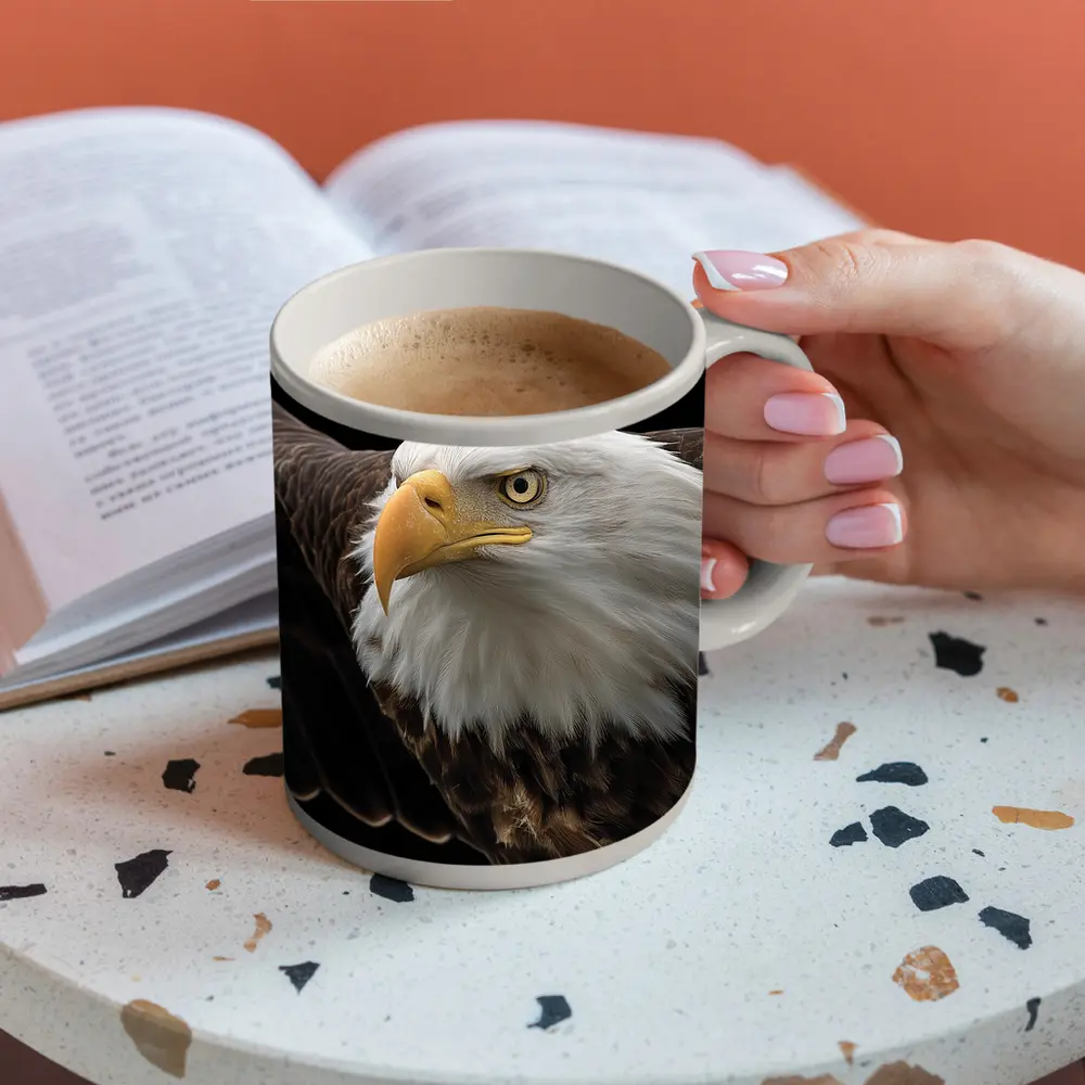 Bald Eagle Flying Against Dark Background – Mugs