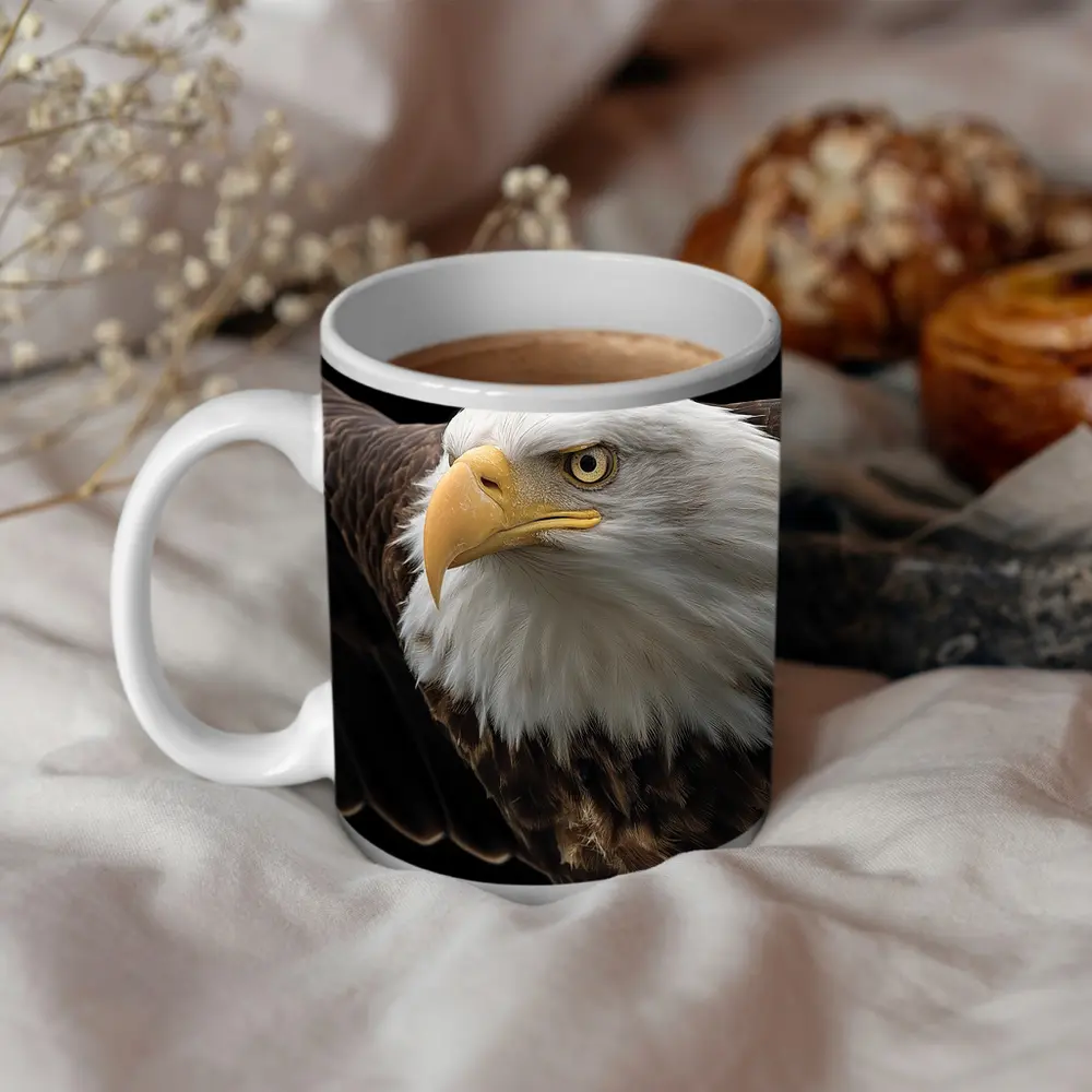 Bald Eagle Flying Against Dark Background – Mugs