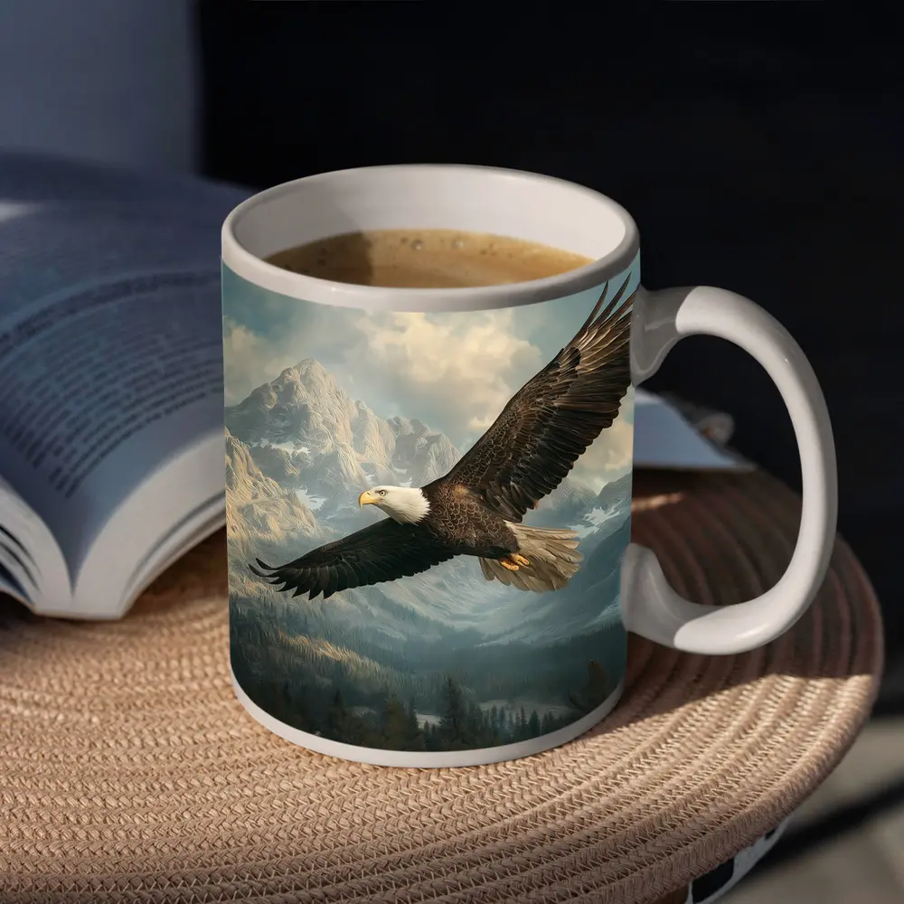 Bald Eagle Flying Over Mountain Landscape – Mugs