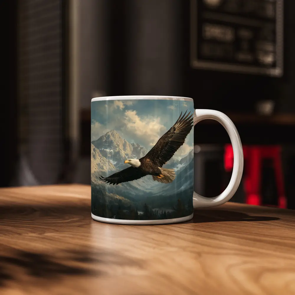 Bald Eagle Flying Over Mountain Landscape – Mugs
