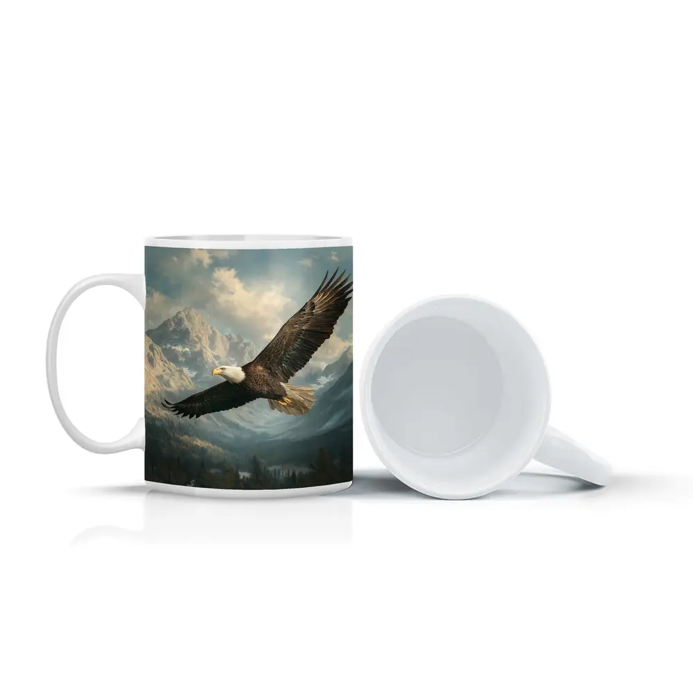 Bald Eagle Flying Over Mountain Landscape – Mugs