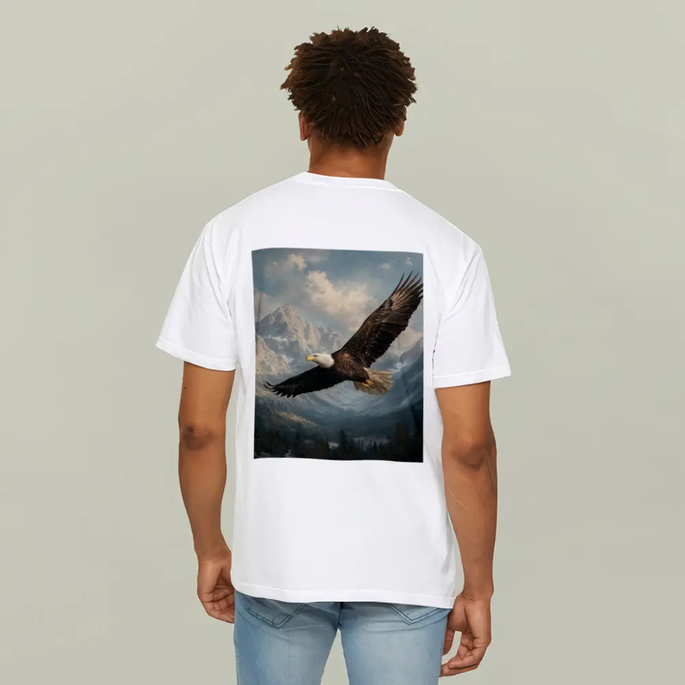 Bald Eagle Flying Over Mountain Landscape – T-Shirts
