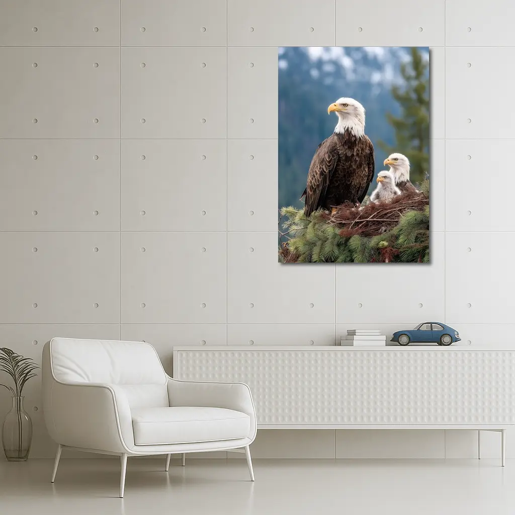 Bald Eagles Family Nest Snowy Mountain Forest – Wall Art