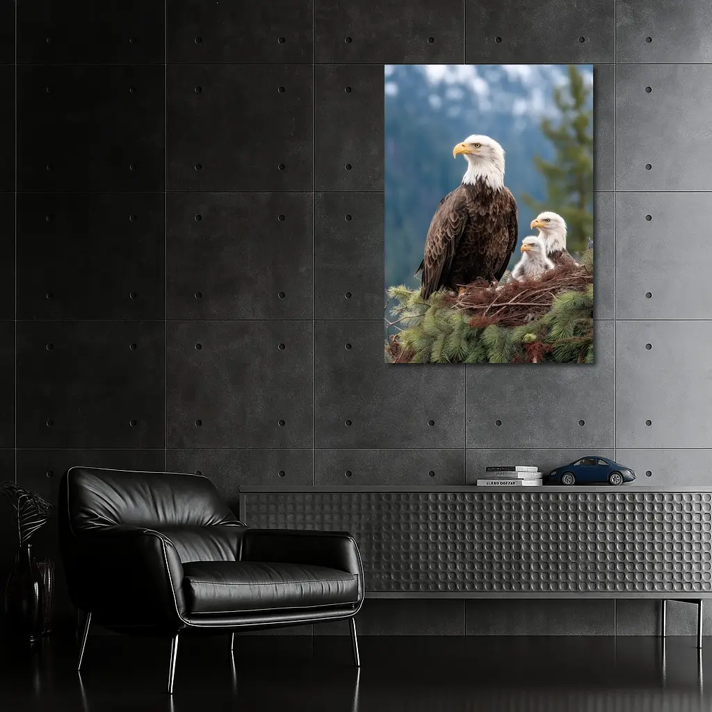 Bald Eagles Family Nest Snowy Mountain Forest – Wall Art