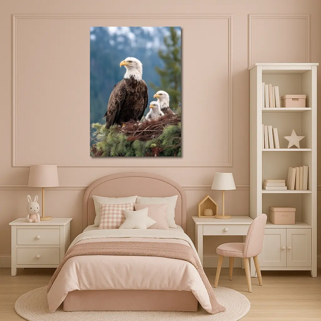 Bald Eagles Family Nest Snowy Mountain Forest – Wall Art