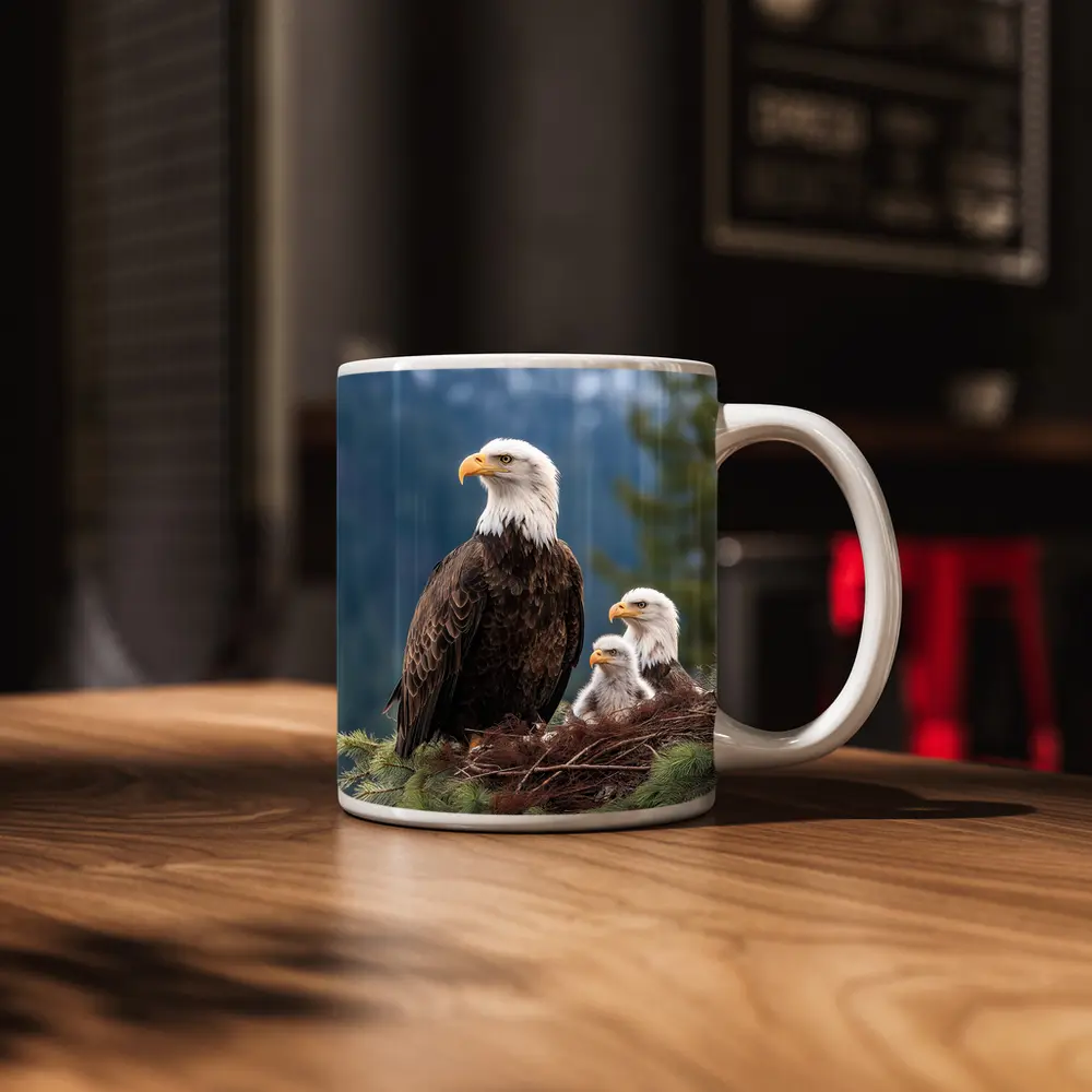Bald Eagles Family Nest Snowy Mountain Forest – Mugs