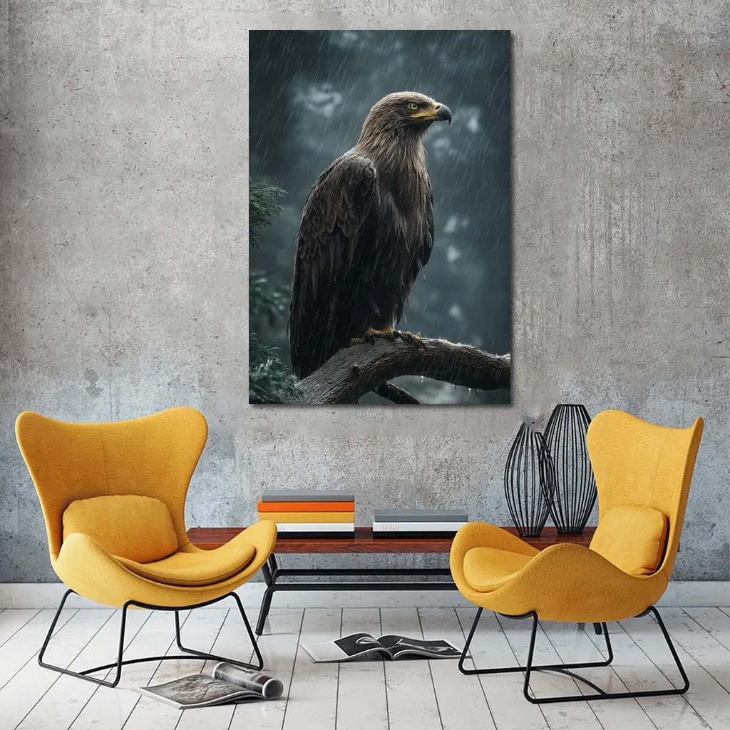 Eagle Perched On Branch In Heavy Rain – Wall Art