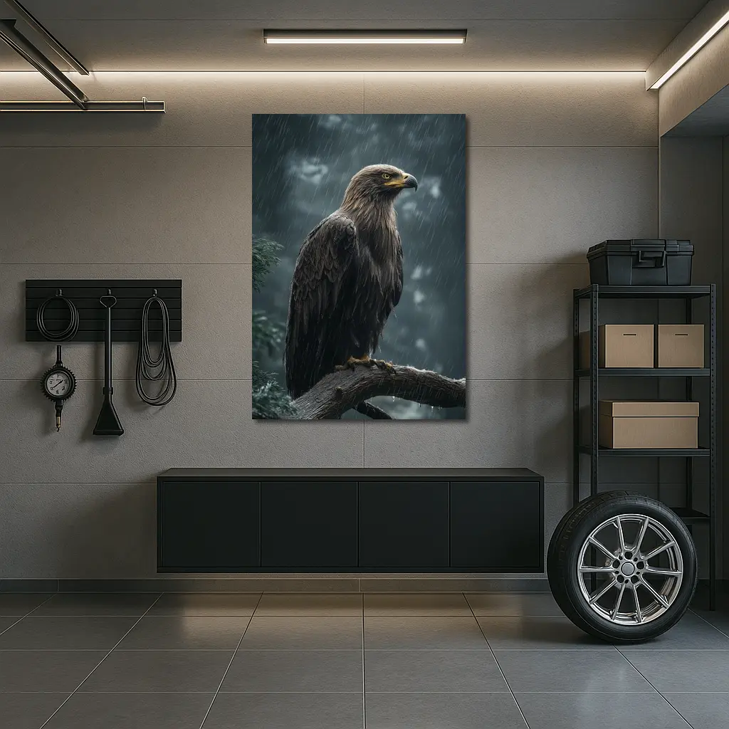 Eagle Perched On Branch In Heavy Rain – Wall Art
