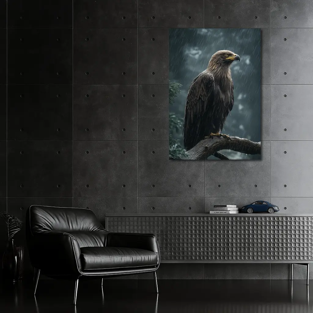 Eagle Perched On Branch In Heavy Rain – Wall Art