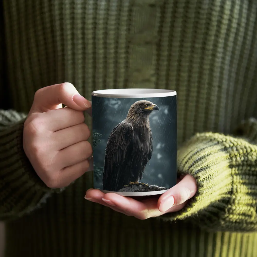 Eagle Perched On Branch In Heavy Rain – Mugs
