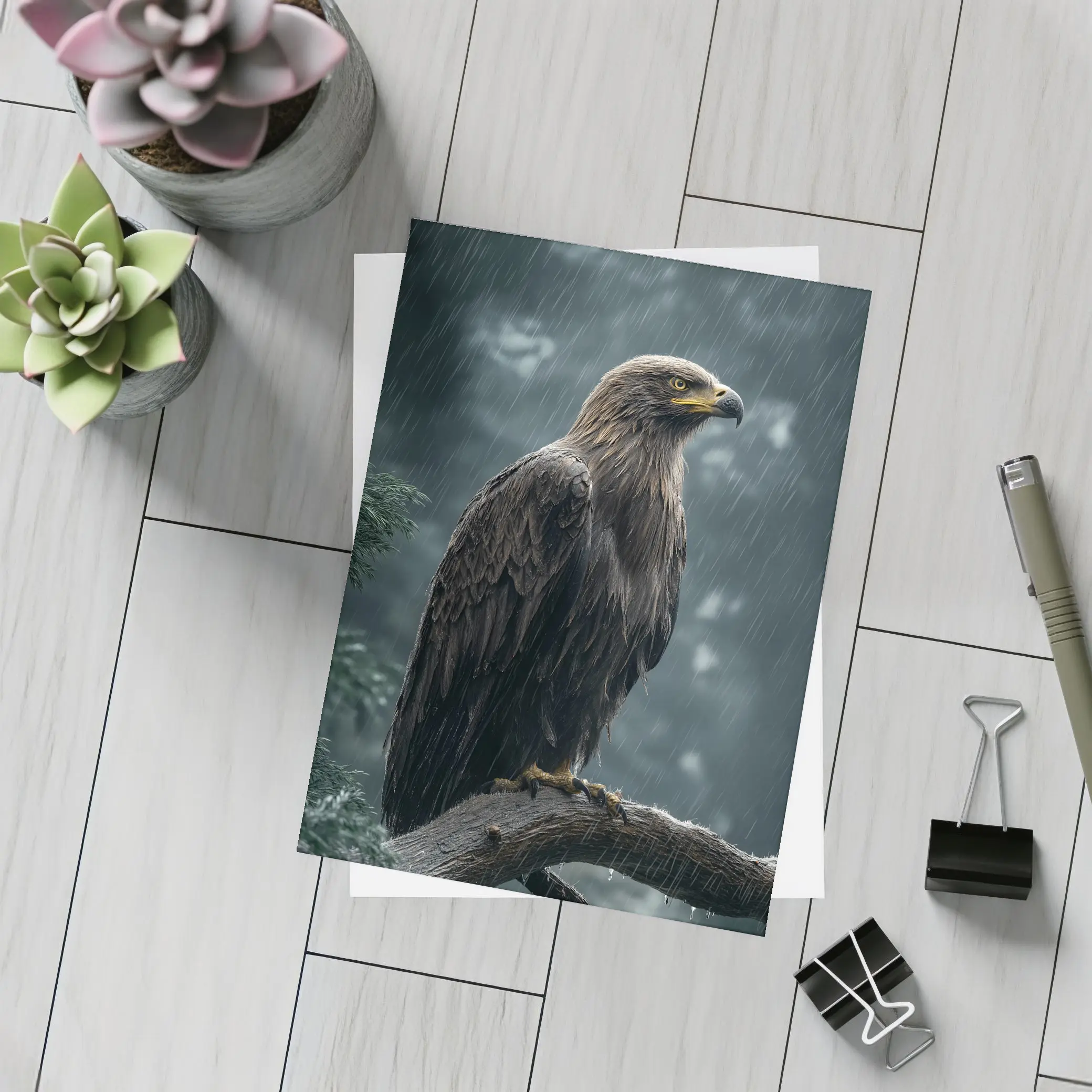 Eagle Perched On Branch In Heavy Rain – Postcards