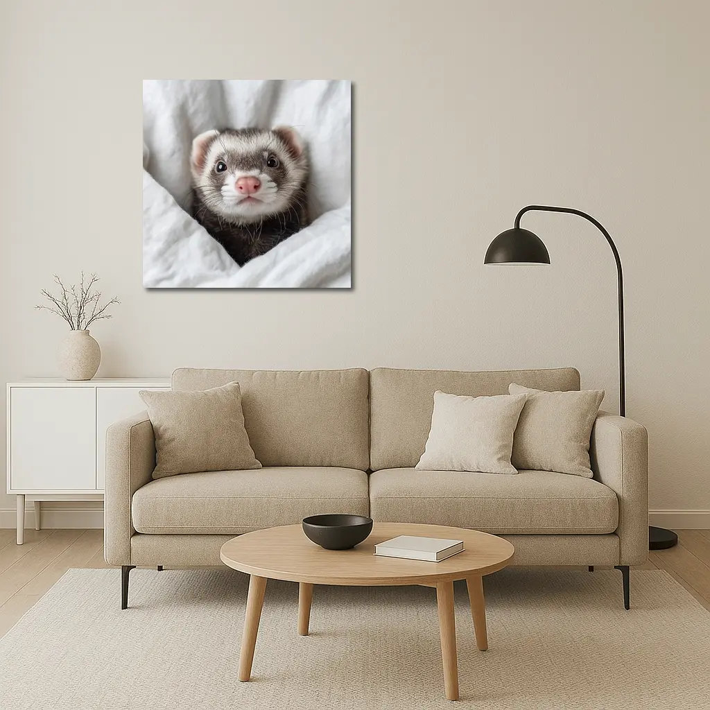 Ferret Peeking Out From White Blanket – Wall Art