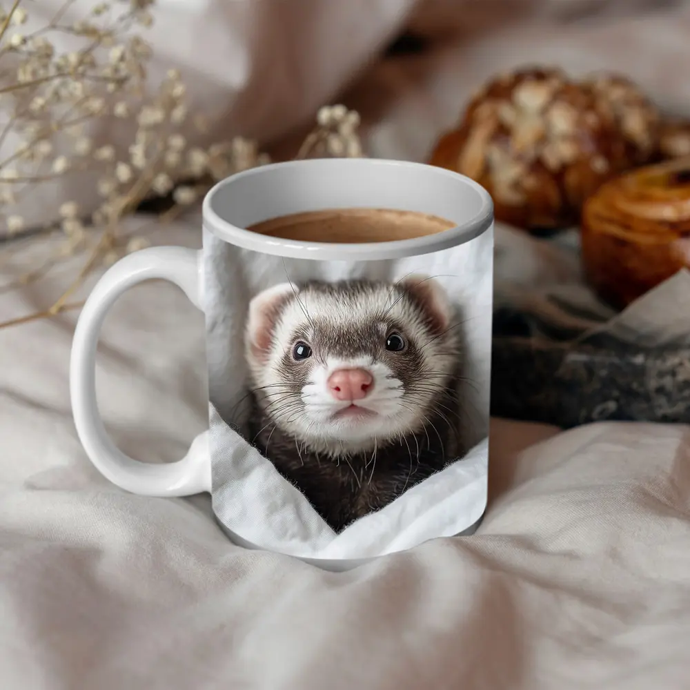 Ferret Peeking Out From White Blanket – Mugs