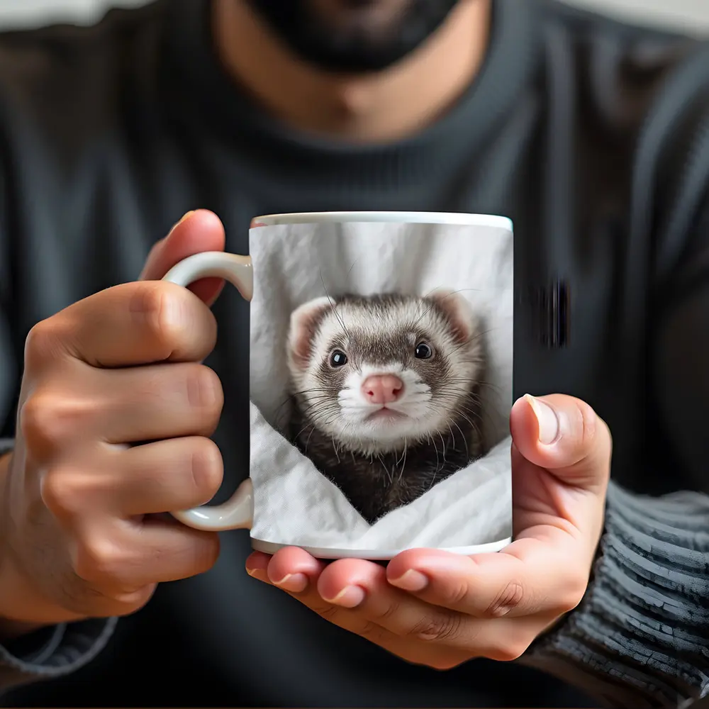 Ferret Peeking Out From White Blanket – Mugs