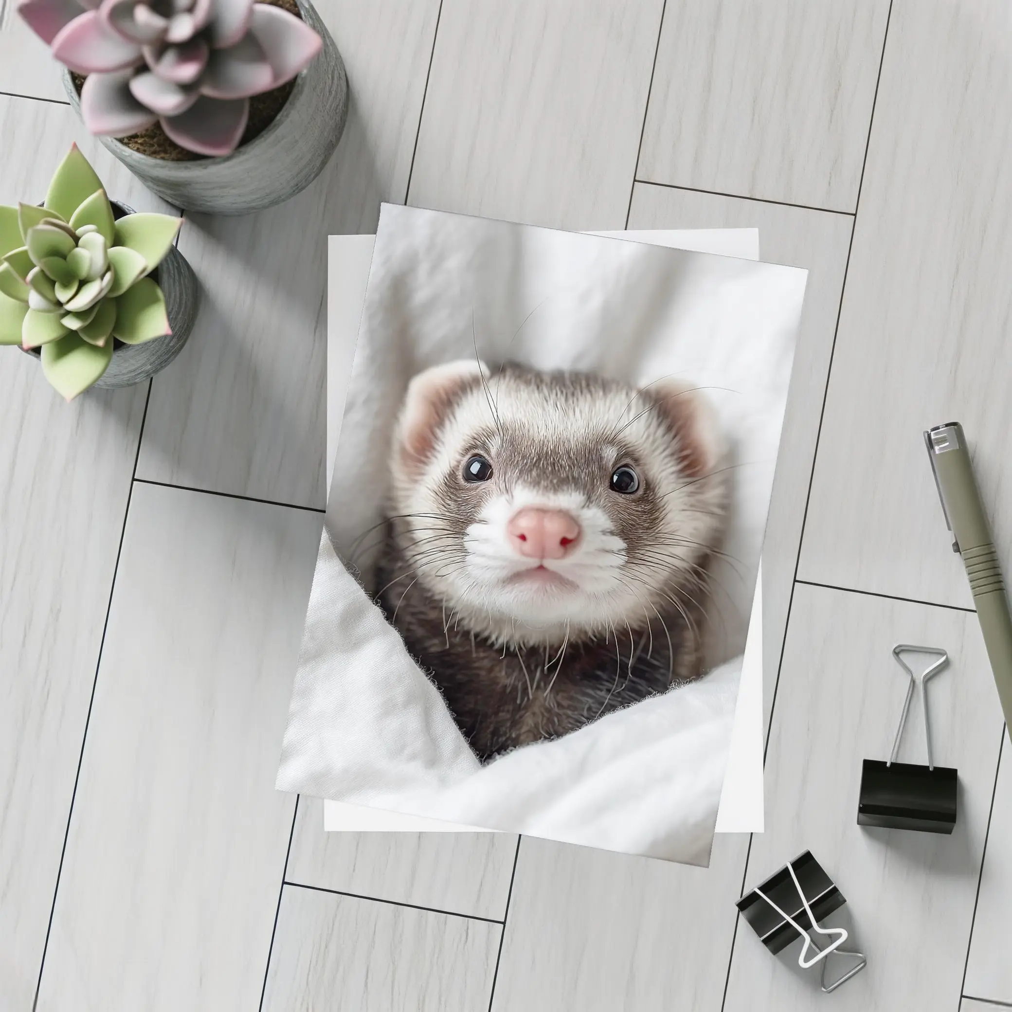 Ferret Peeking Out From White Blanket – Postcards