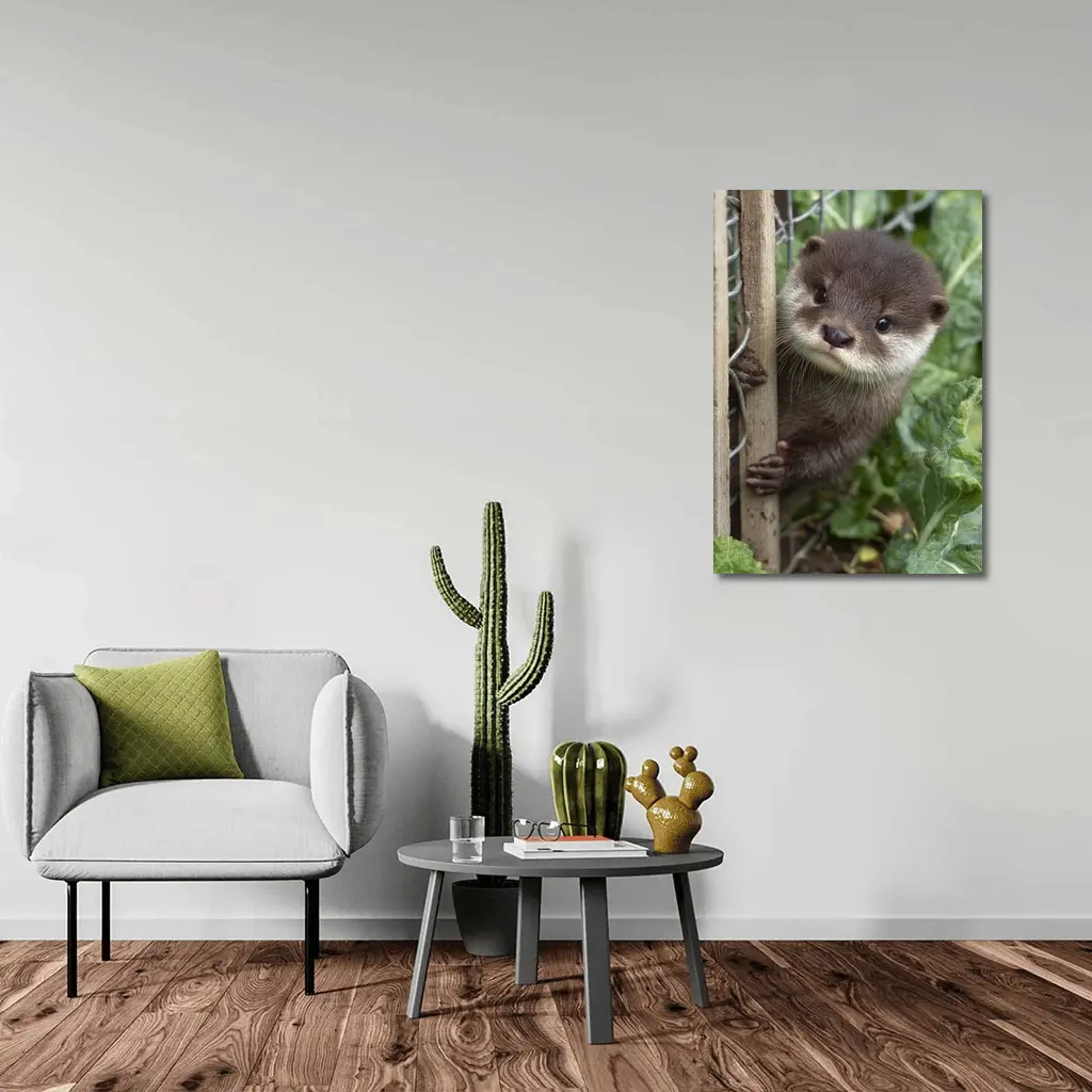 Baby Otter Peeking Through Wooden Fence – Wall Art
