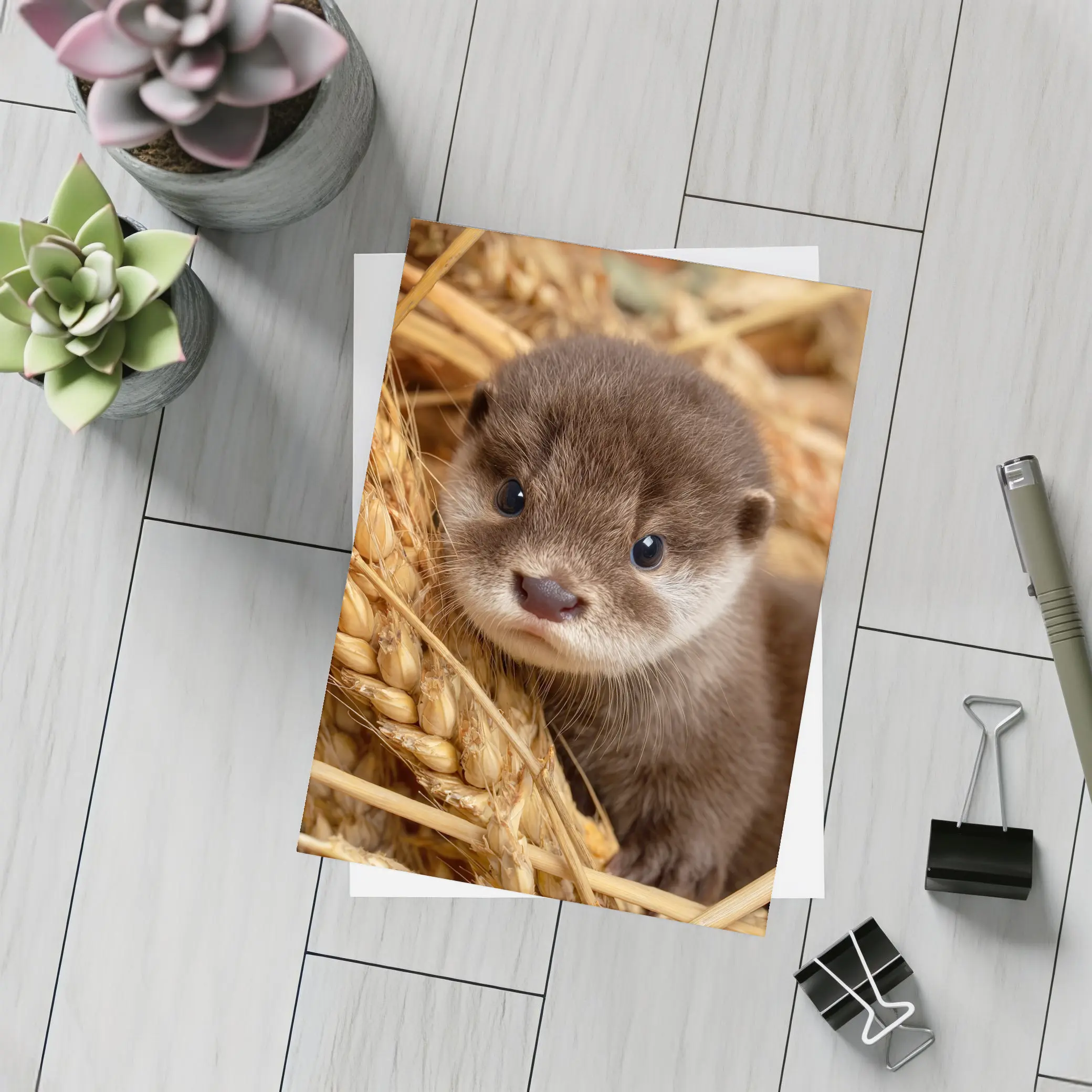 Baby Otter Pup Among Golden Wheat Stalks – Postcards