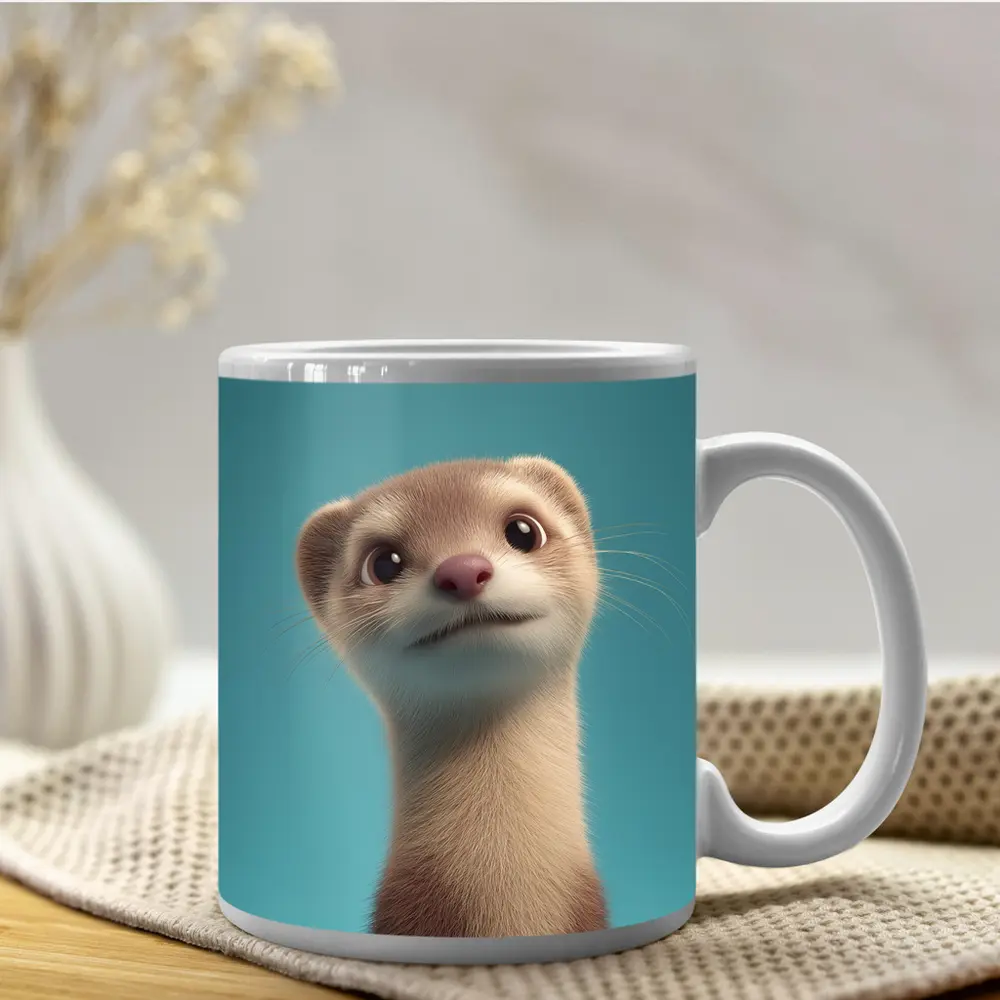Cute Ferret Portrait Teal Blue Background – Mugs