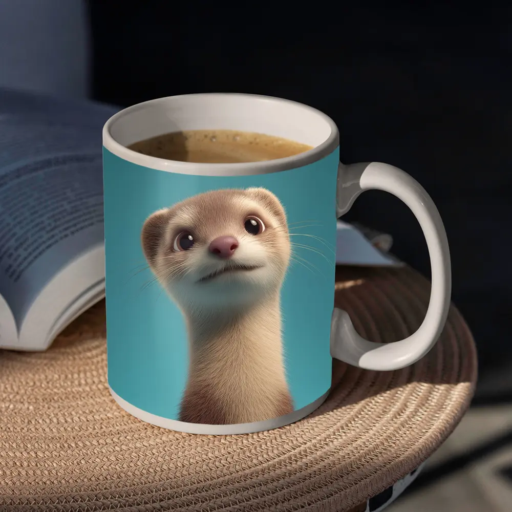 Cute Ferret Portrait Teal Blue Background – Mugs