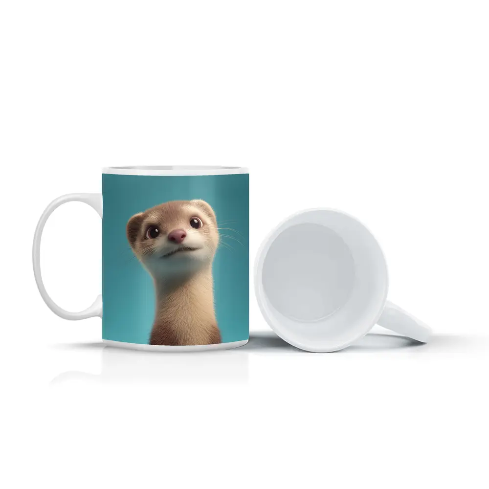 Cute Ferret Portrait Teal Blue Background – Mugs
