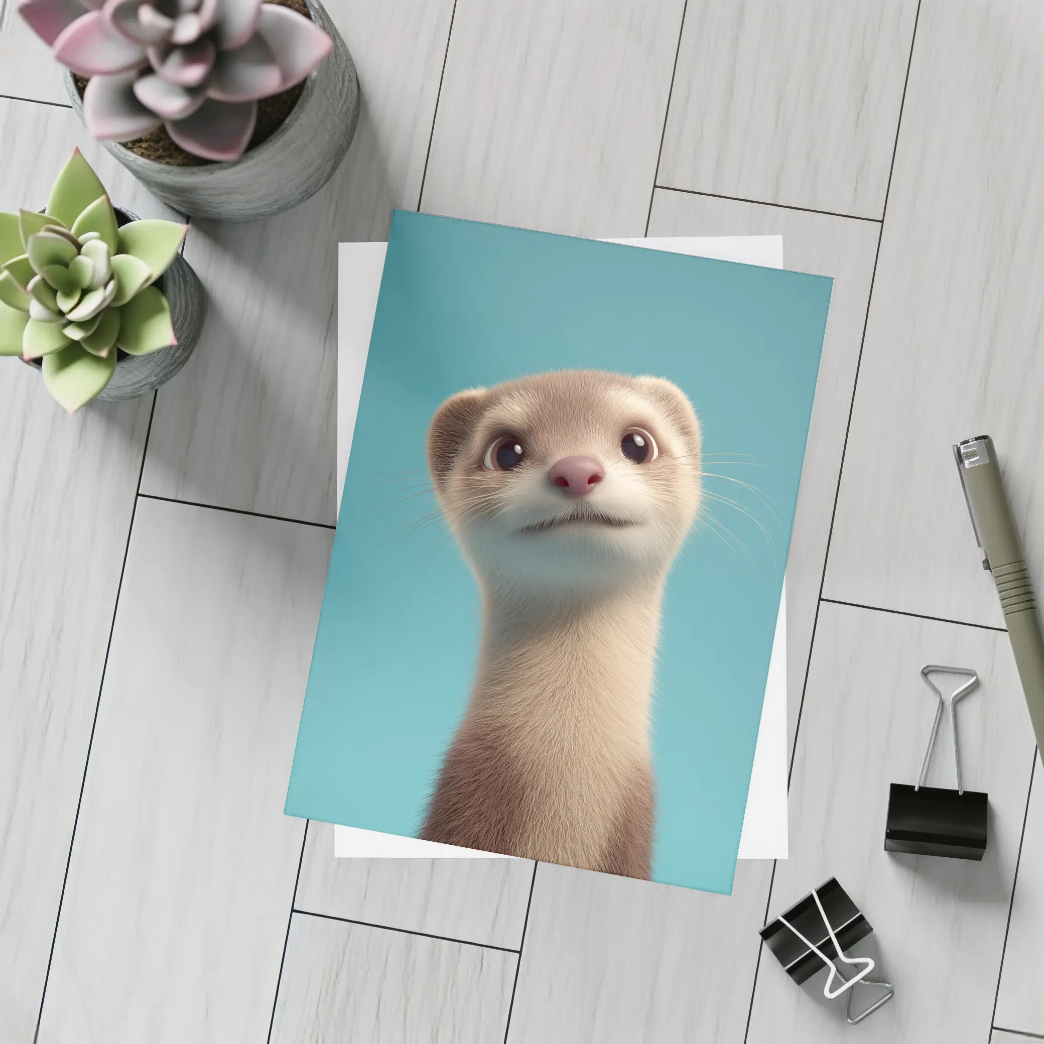 Cute Ferret Portrait Teal Blue Background – Postcards