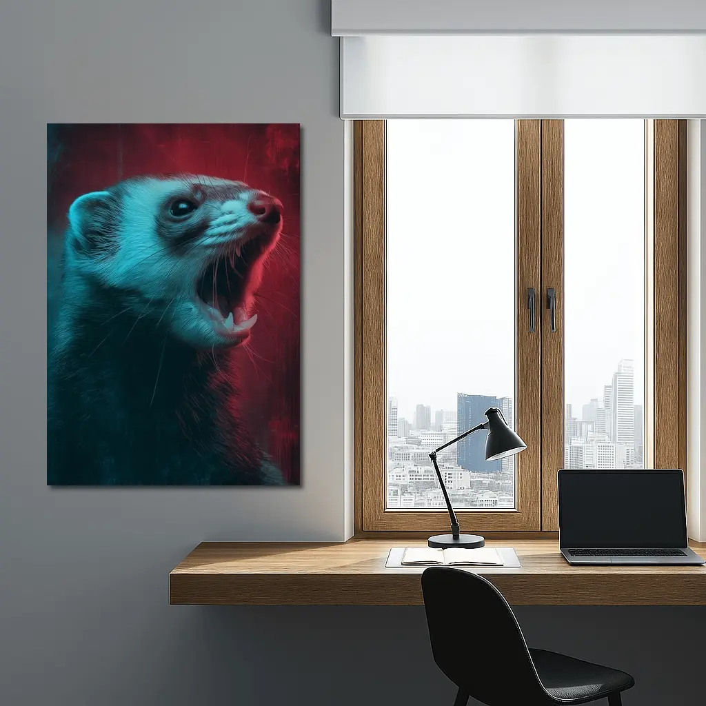 Ferret Portrait Neon Red Teal Background – Wall Art