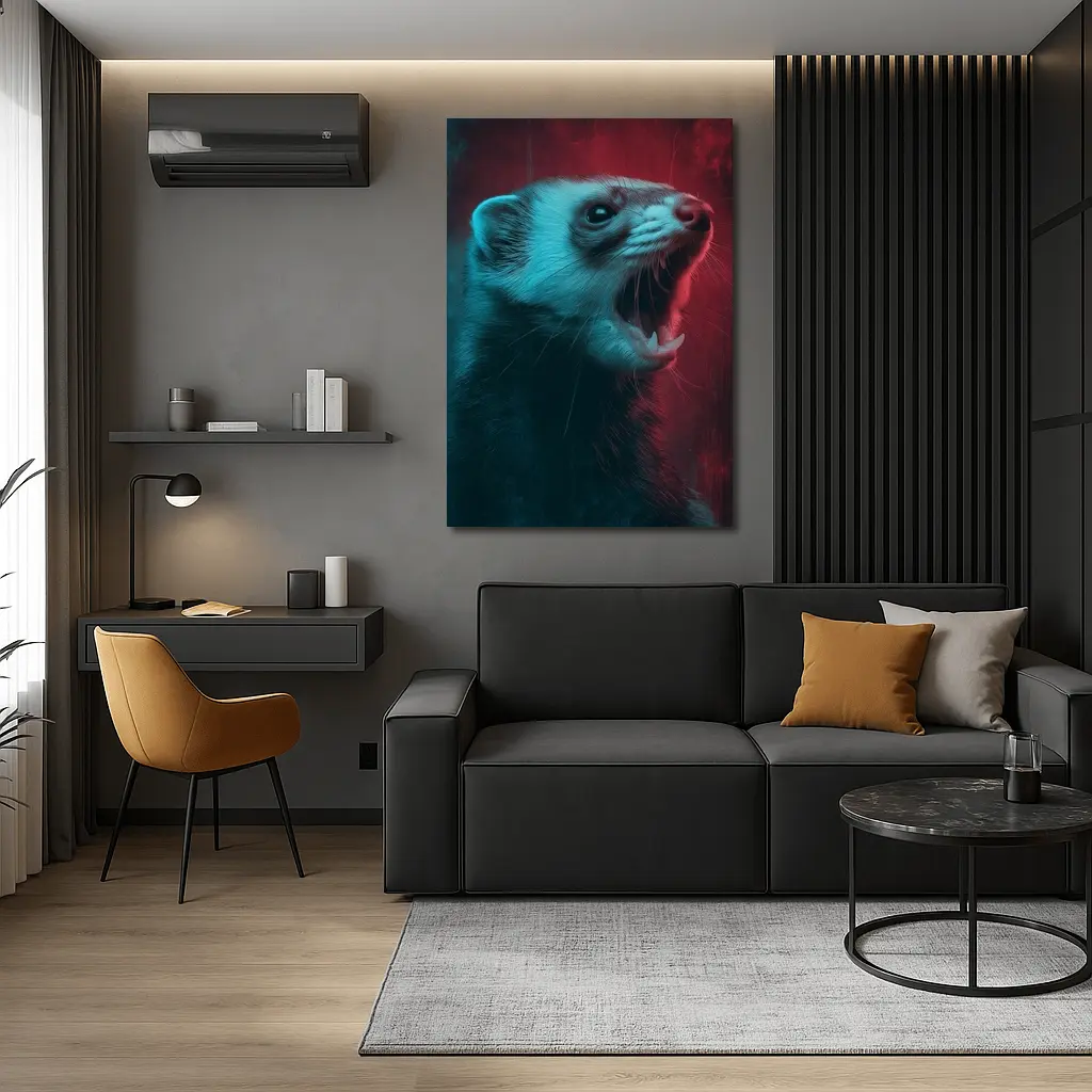 Ferret Portrait Neon Red Teal Background – Wall Art