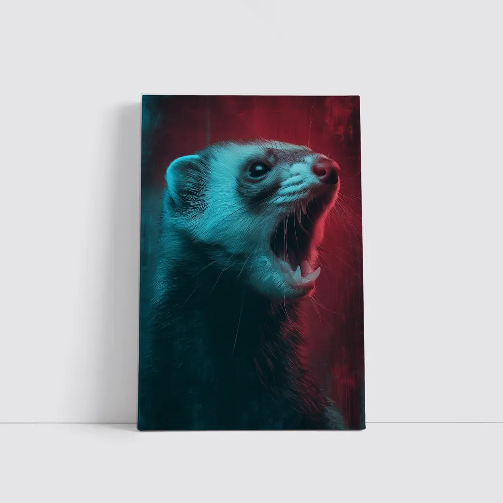 Ferret Portrait Neon Red Teal Background – Wall Art