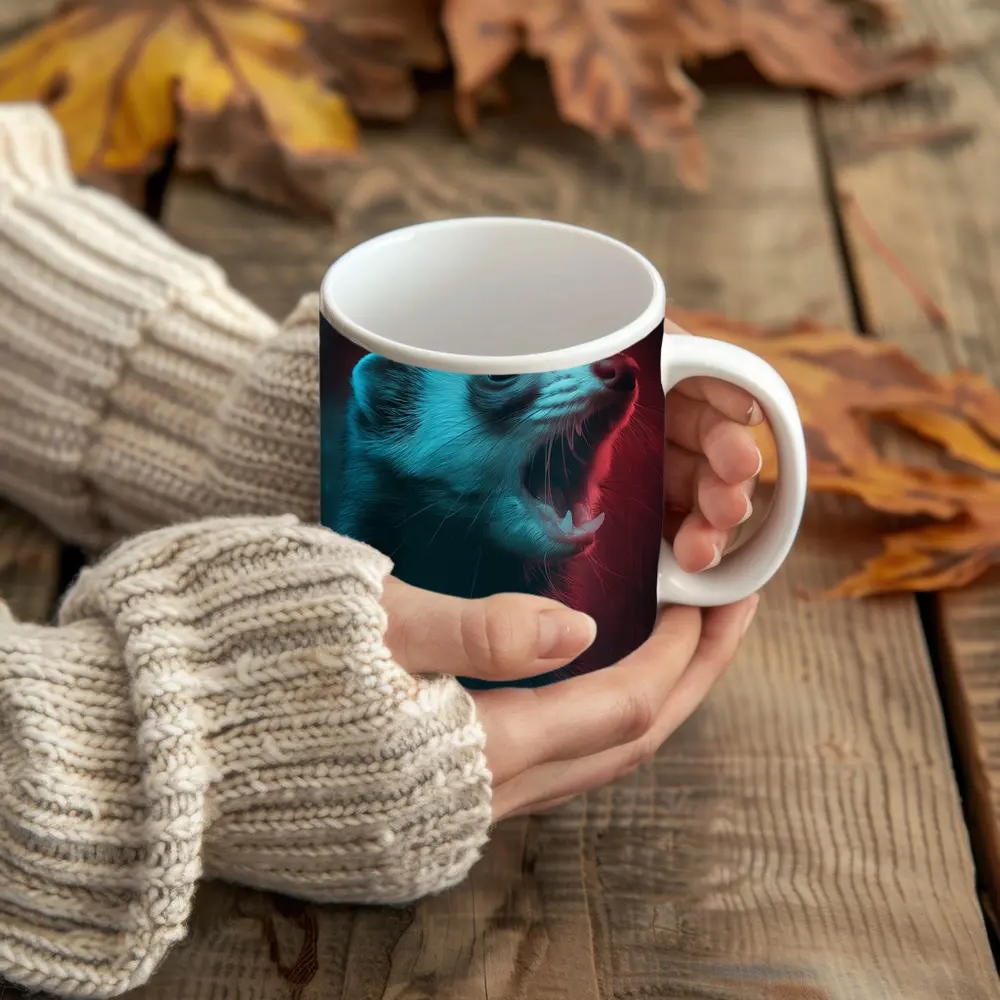 Ferret Portrait Neon Red Teal Background – Mugs