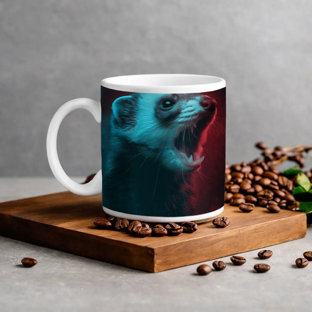 Ferret Portrait Neon Red Teal Background – Mugs