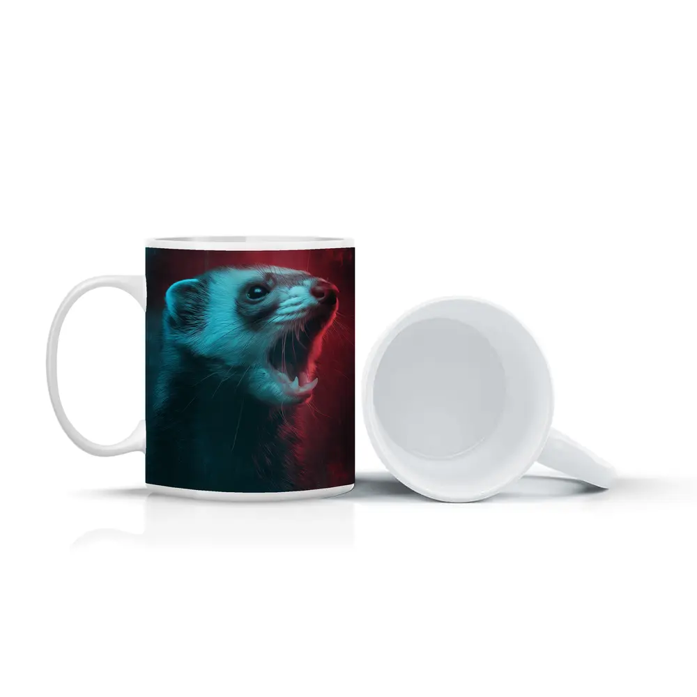 Ferret Portrait Neon Red Teal Background – Mugs