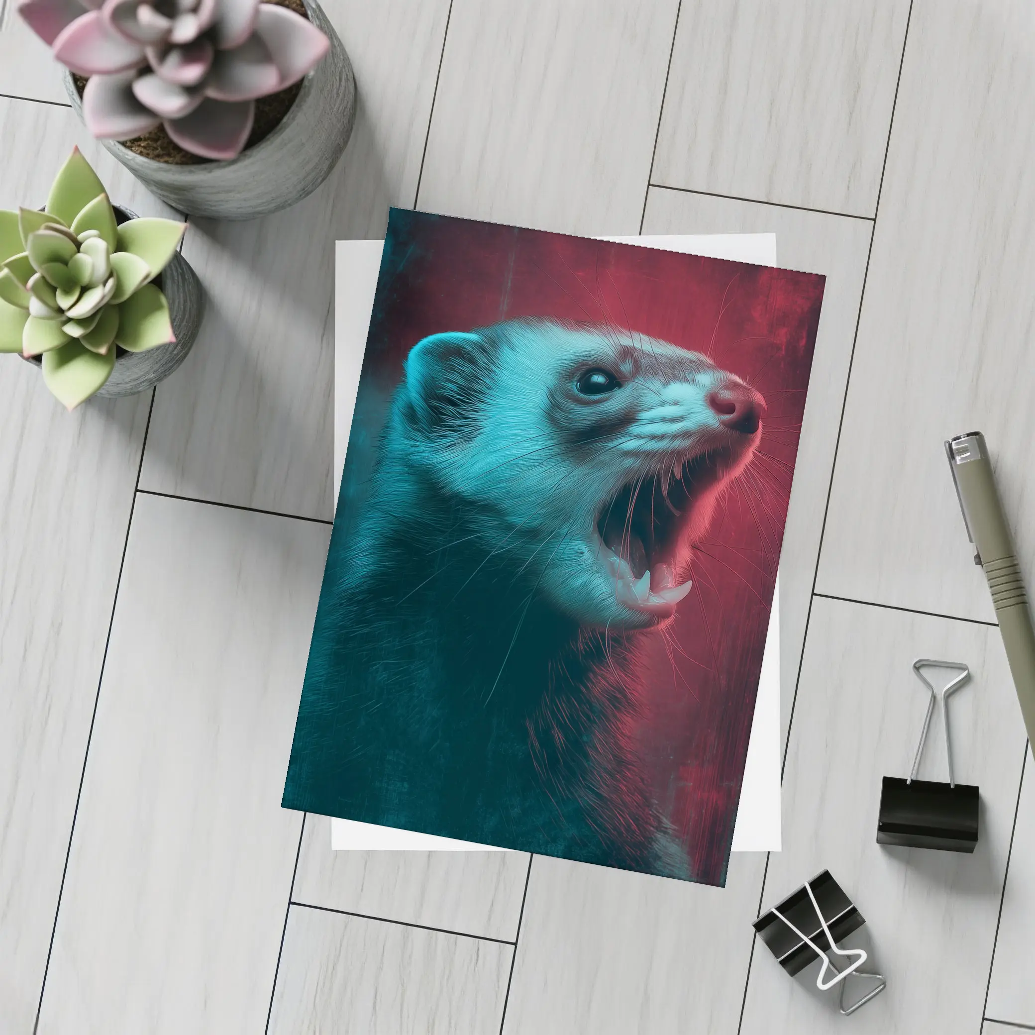 Ferret Portrait Neon Red Teal Background – Postcards