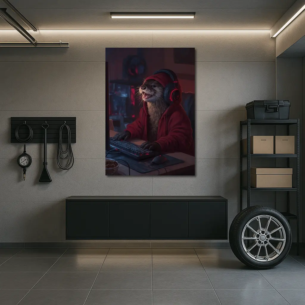 Otter Gamer Red Hoodie Gaming Setup – Wall Art