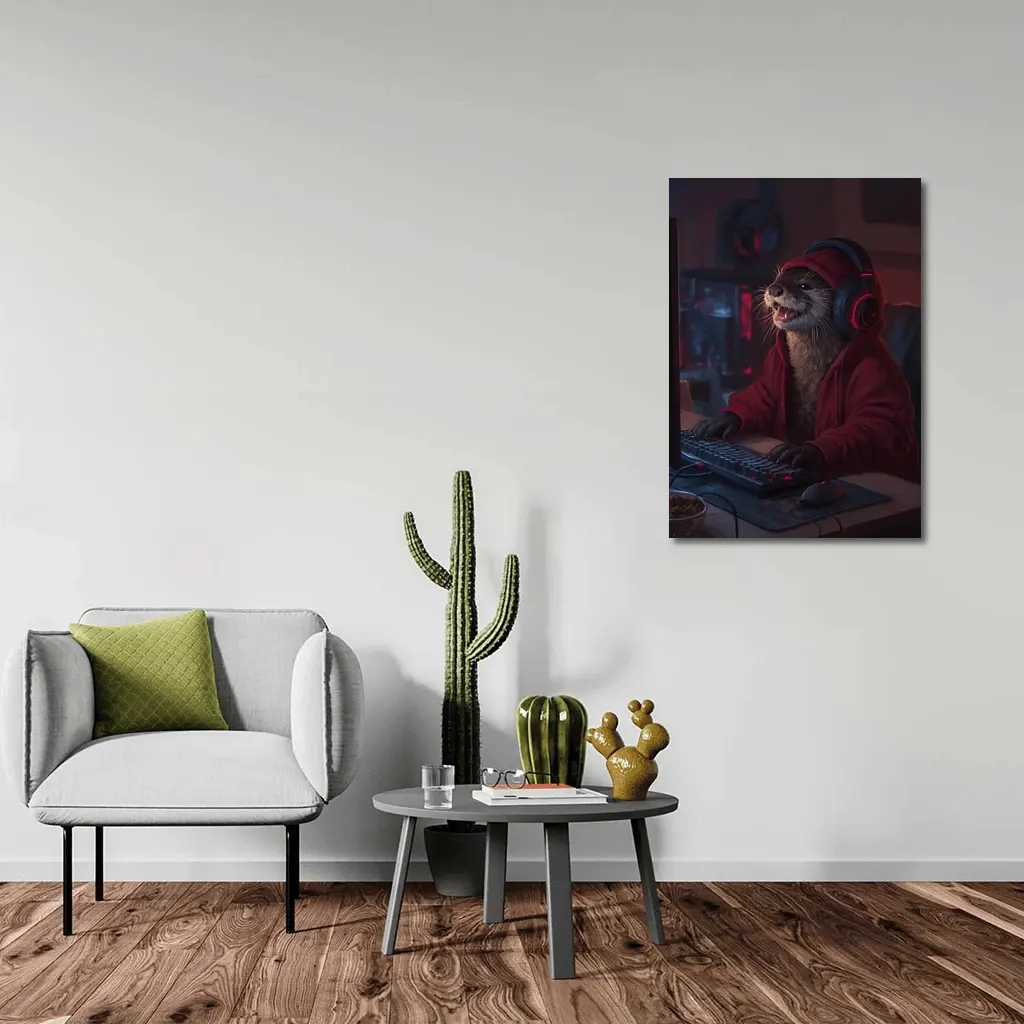 Otter Gamer Red Hoodie Gaming Setup – Wall Art