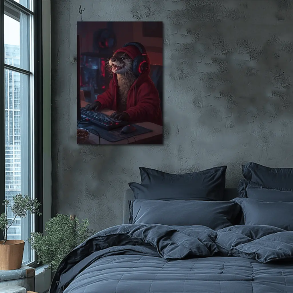 Otter Gamer Red Hoodie Gaming Setup – Wall Art