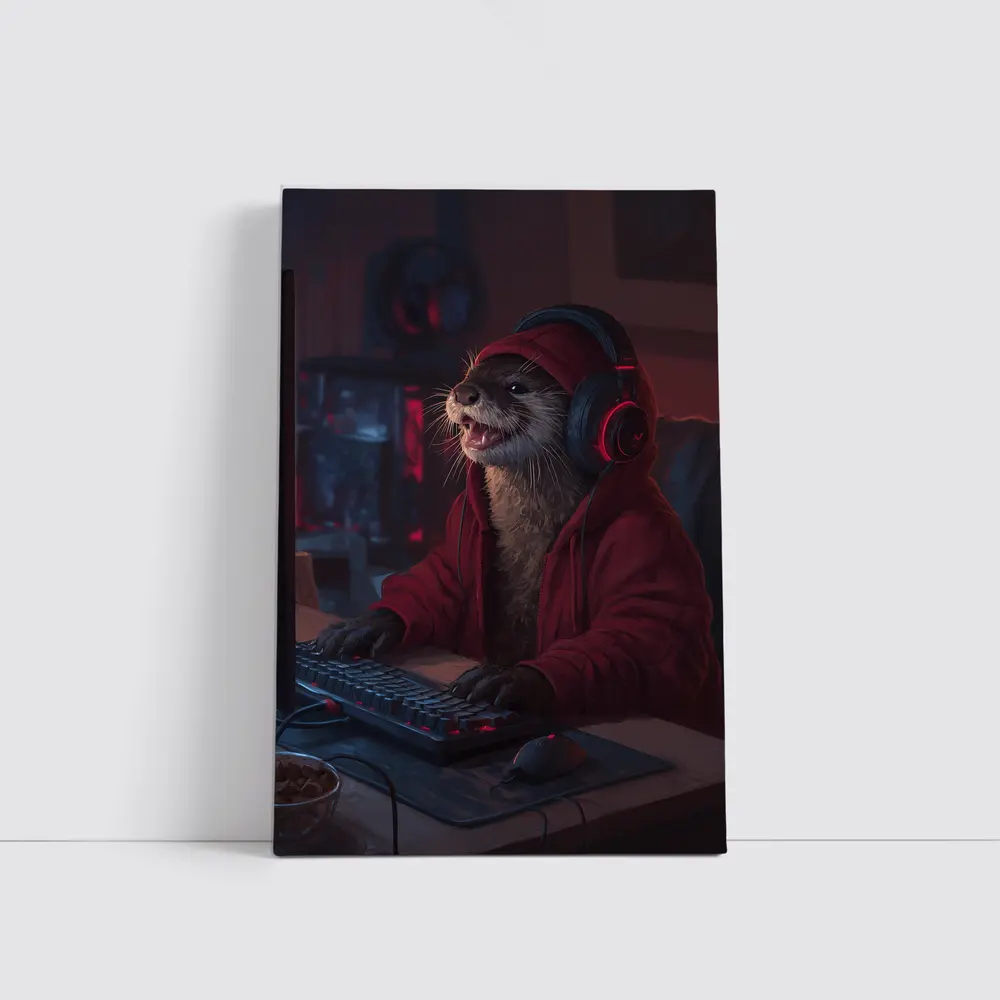 Otter Gamer Red Hoodie Gaming Setup – Wall Art