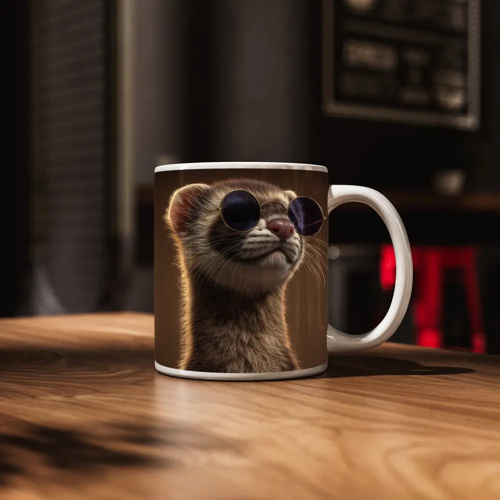 Cool Ferret Wearing Sunglasses Brown Background – Mugs