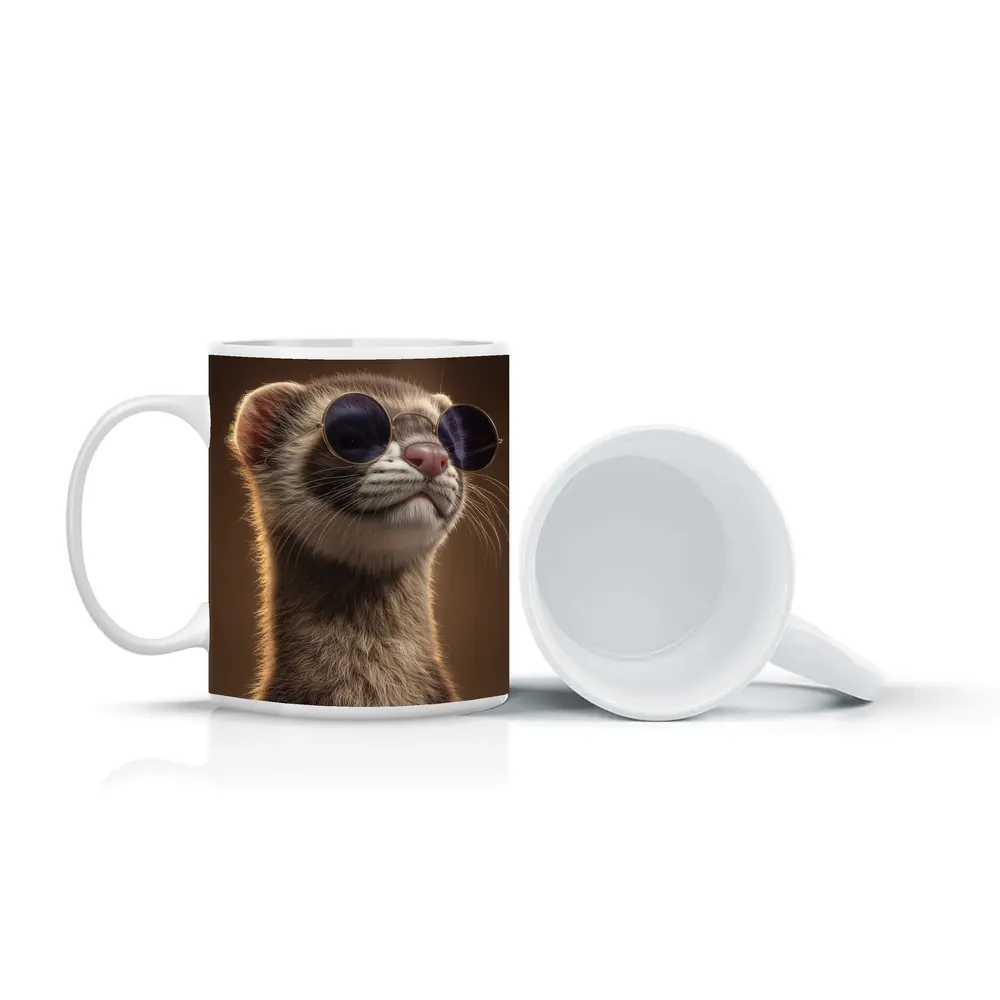 Cool Ferret Wearing Sunglasses Brown Background – Mugs