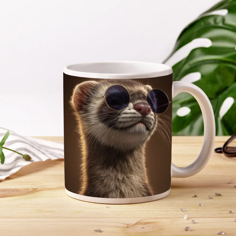 Cool Ferret Wearing Sunglasses Brown Background – Mugs