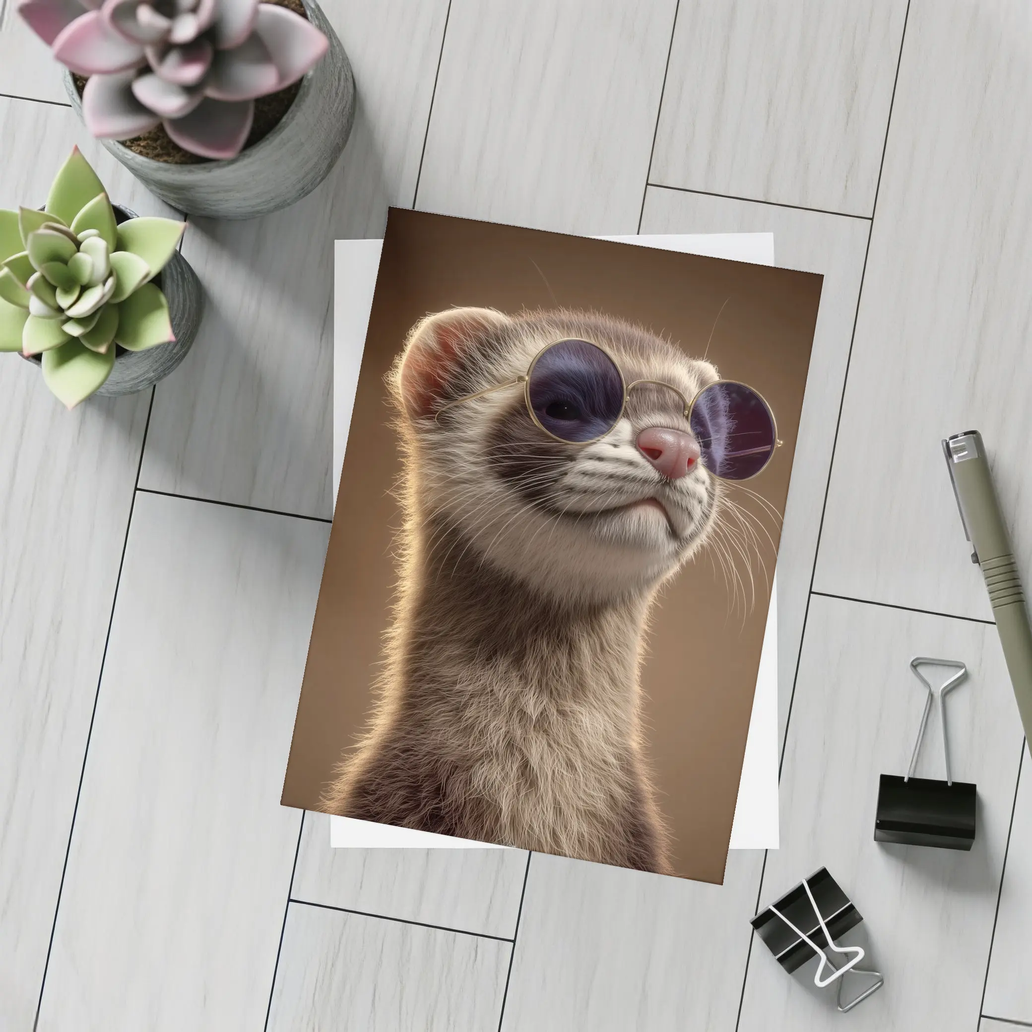 Cool Ferret Wearing Sunglasses Brown Background – Postcards