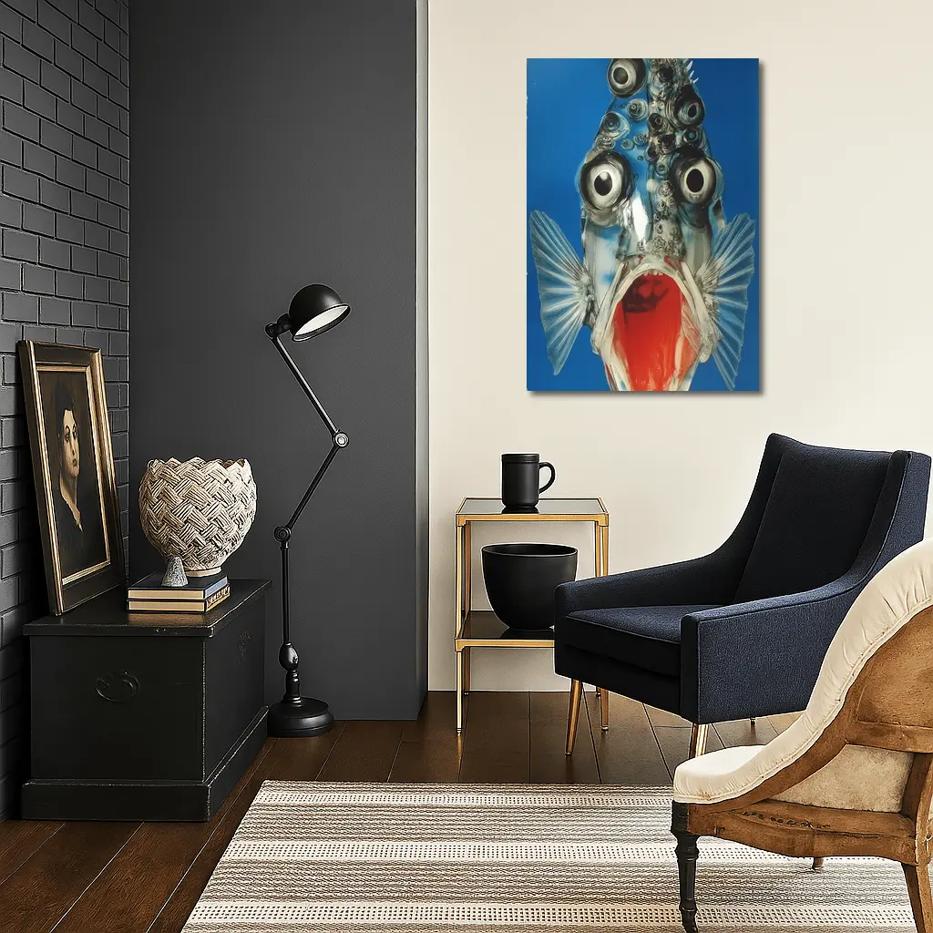 Surreal Fish Wide Open Mouth Blue Background – Wall Art