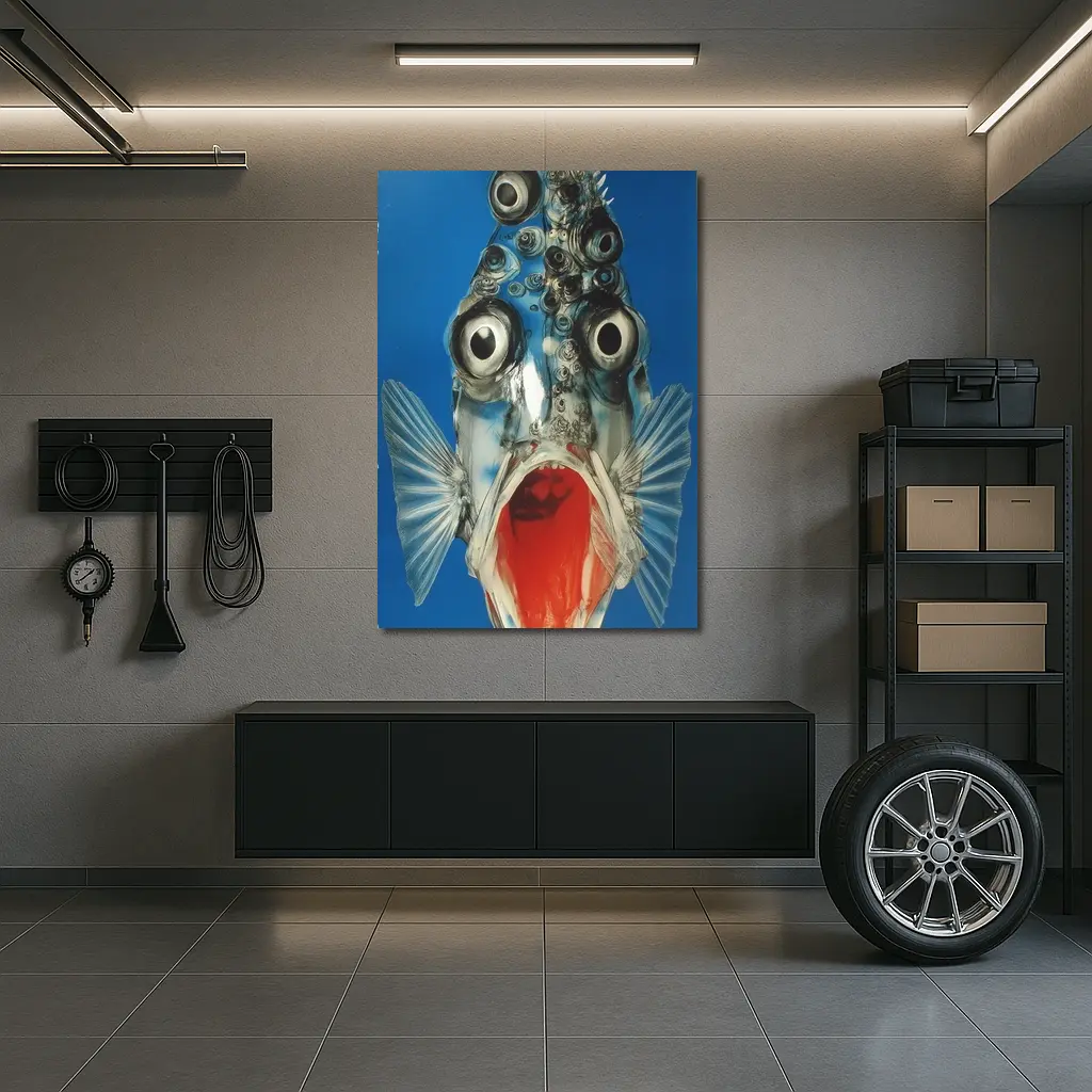 Surreal Fish Wide Open Mouth Blue Background – Wall Art