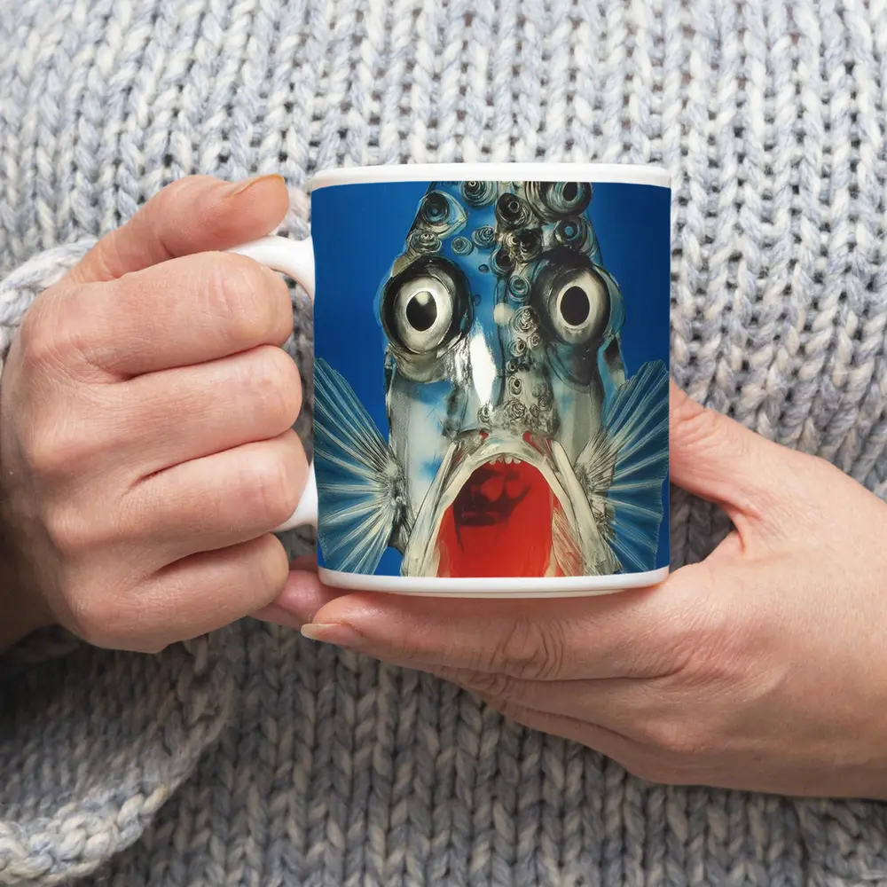 Surreal Fish Wide Open Mouth Blue Background – Mugs